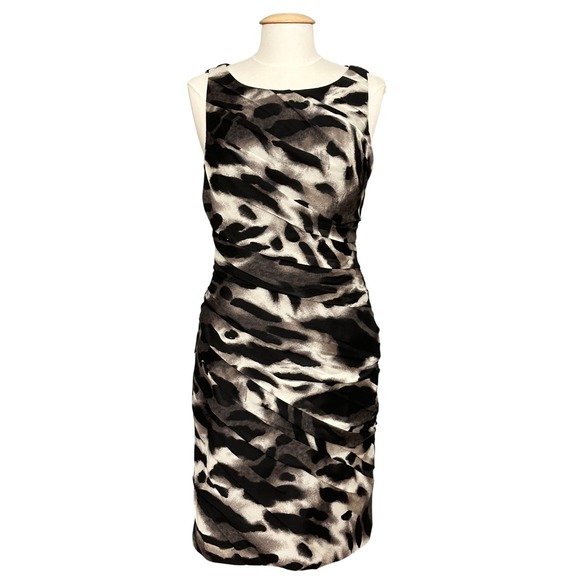 Ann Taylor Womens Dress 12 Black Gray Animal Print Ruched Sheath Retro Mob Wife - Picture 2 of 12